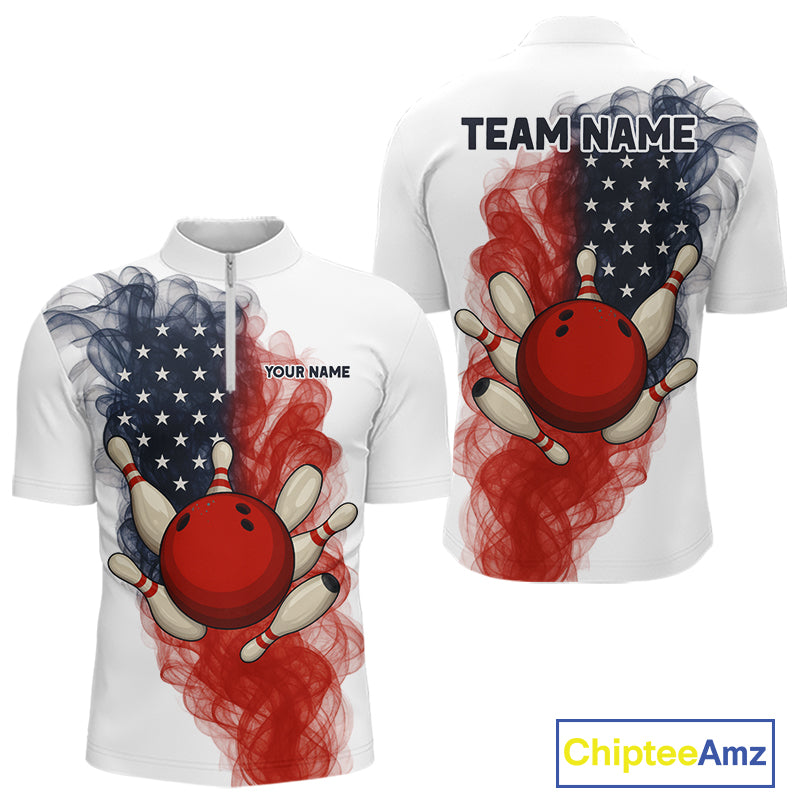 Custom Smoke American Flag White Bowling Shirts for Men Personalized Patriotic Team Bowling Jerseys NQS10495