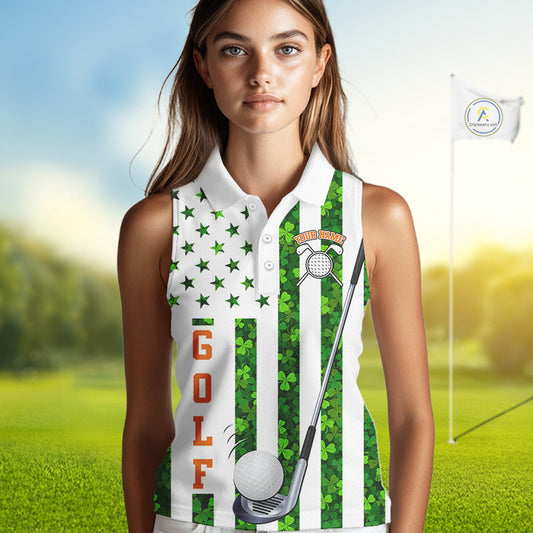 White, Green and Orange shamrock American Flag Sleeveless polo shirts Custom St Patrick golf outfit NQS11297