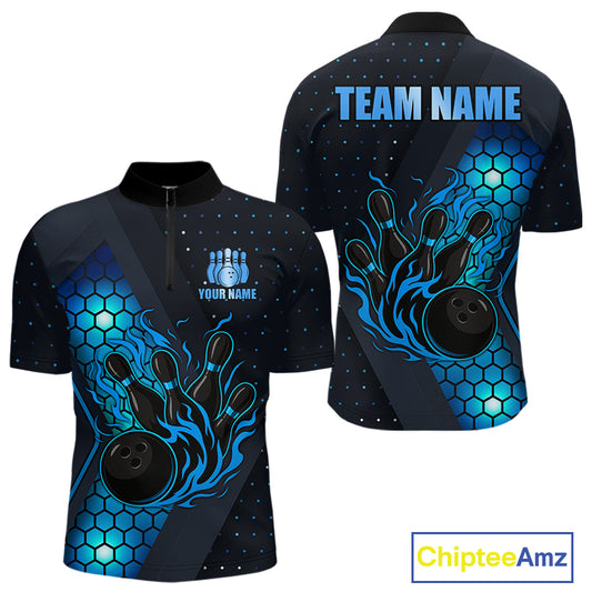 Black and Blue Flame Bowling Polo, 1/4 Zip Shirts for Men Custom Bowling Team Jersey Bowler Outfit NQS10925