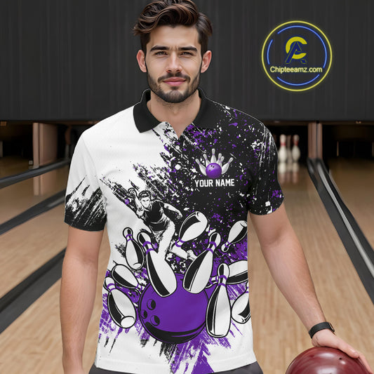 Black & White Men Bowling Polo, Quarter Zip Shirt Custom bowling jersey, mens bowling outfit | Purple NQS11307