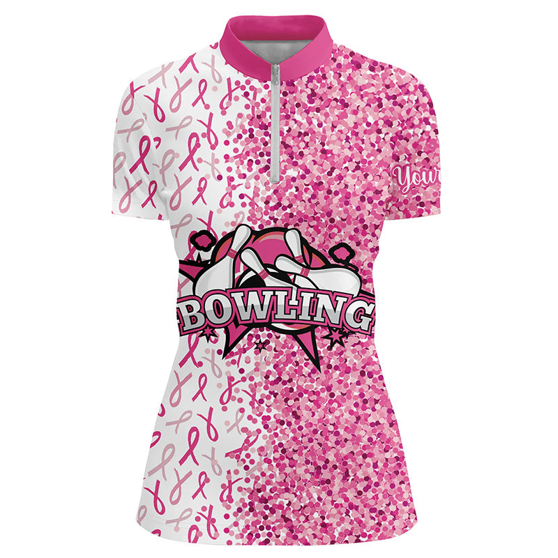 Pink glitter ribbon pattern Custom Bowing Shirts For Women, Breast Cancer Awareness bowling jerseys NQS8104