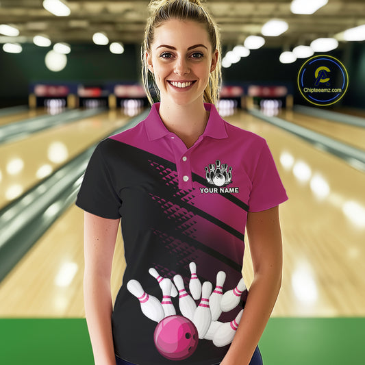 Black and Pink Bowling Polo, Quarter Zip shirts for Women Custom name bowling team league jerseys NQS10177