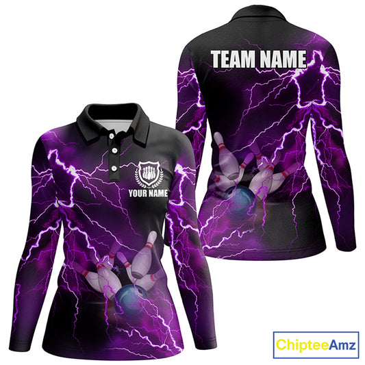 Women bowling polo shirts Custom purple lightning thunder Bowling Team Jersey, gift for team Bowlers NQS6220