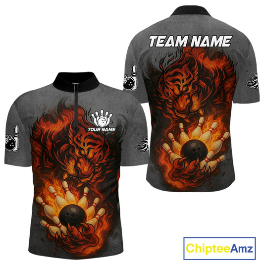 Personalized Tiger Bowling Shirts For Men Custom Gray grunge Flame Tiger Bowling Team Jerseys NQS11137
