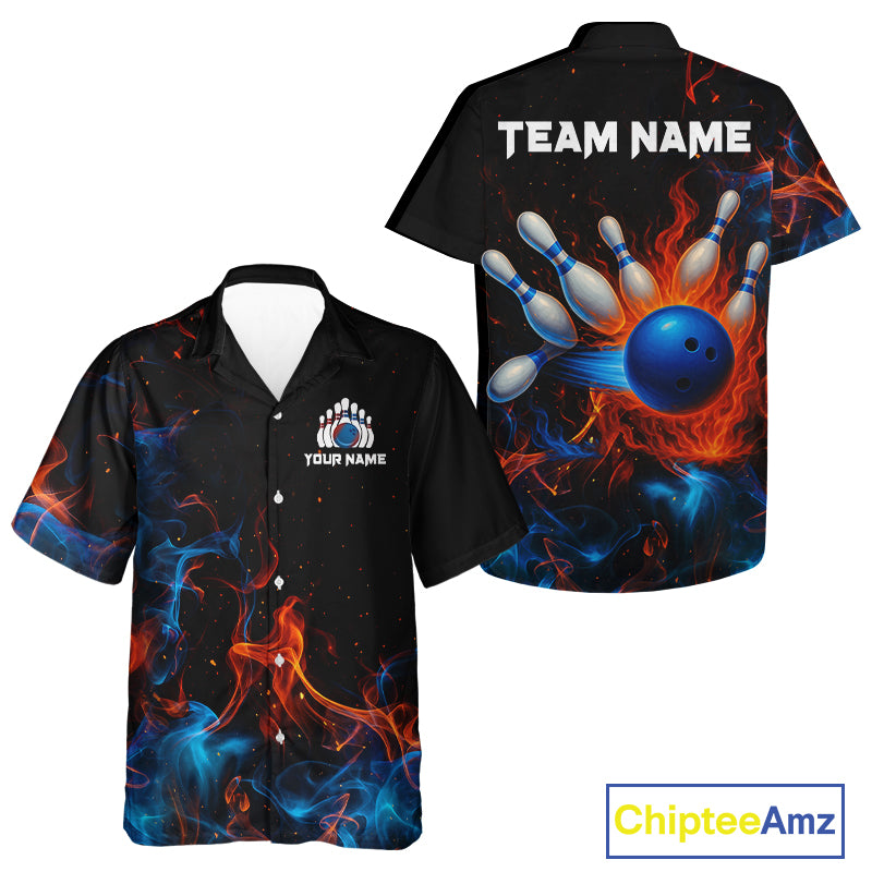 Blue and Orange Flame Bowling Hawaiian Shirts Custom Team bowling outfit uniform NQS10026