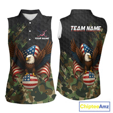 Load image into Gallery viewer, Black & Green Camo American Flag Eagle Womens sleeveless polo shirt Custom Patriotic Team Golf Jersey NQS10953