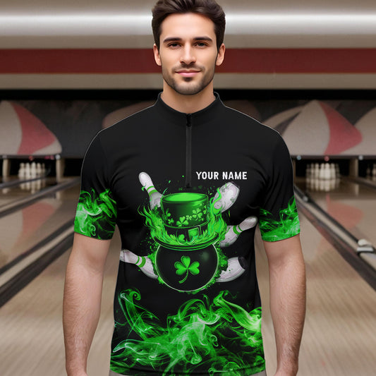 Green Flame Smoke Lucky clover Bowling Shirts For Men Custom St Patrick Day Bowling Team Jersey NQS9451