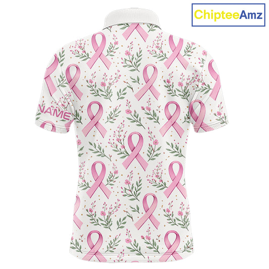 Pink ribbons floral pattern Breast Cancer golf polo shirts for men Custom team golf attire for men NQS11551