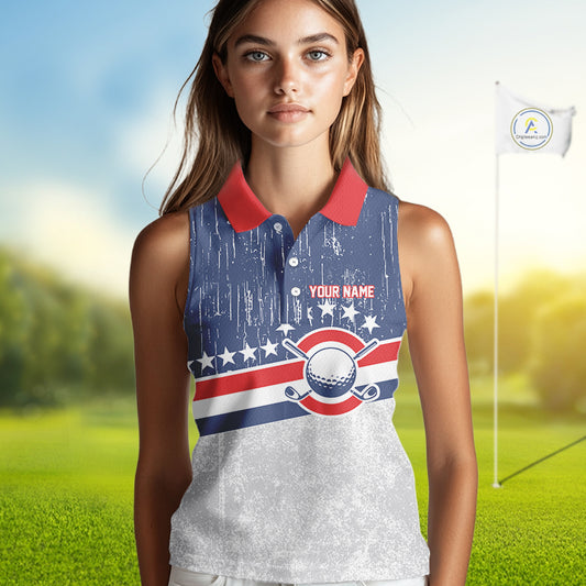 Red, White and Blue Grunge Women's Sleeveless polo shirt Custom Patriotic Team Golf Outfit For Ladies NQS11344