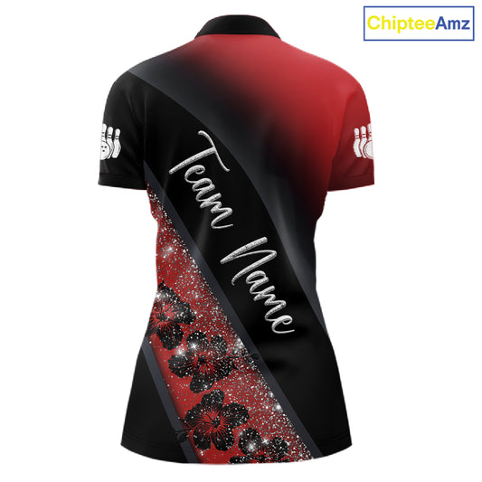 Black and Red Glitter Flower Bowling Polo, Quarter Zip Shirt for Women Custom Bowling Team Jerseys NQS11686
