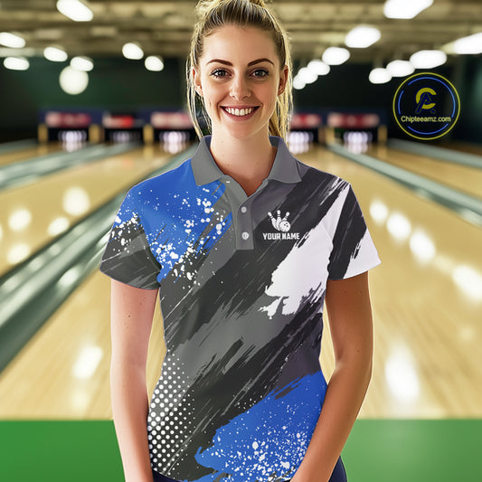 Blue Grunge pattern Bowling Team Shirt For Women Custom Bowling jersey Uniform Bowler Outfits NQS10041