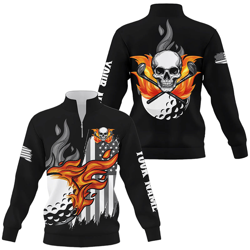 Black and white American flag flame skull Quarter zip golf sweatshirt custom patriotic golf sweater NQS8395