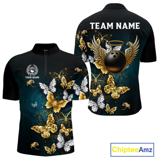 Custom Gold Butterflies Bowling Shirts For Men, Personalized Team Bowling Polo & Quarter-Zip Shirts NQS10577