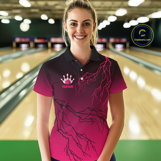 Black and Pink gradient Lightning thunder storm Bowling shirts for Women Custom Bowling Team Jerseys NQS11170