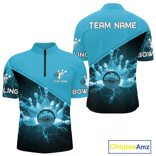 Men bowling polo, 1/4 zip shirts Custom light blue lightning thunder Bowling Team Jersey Bowlers Gift NQS10592