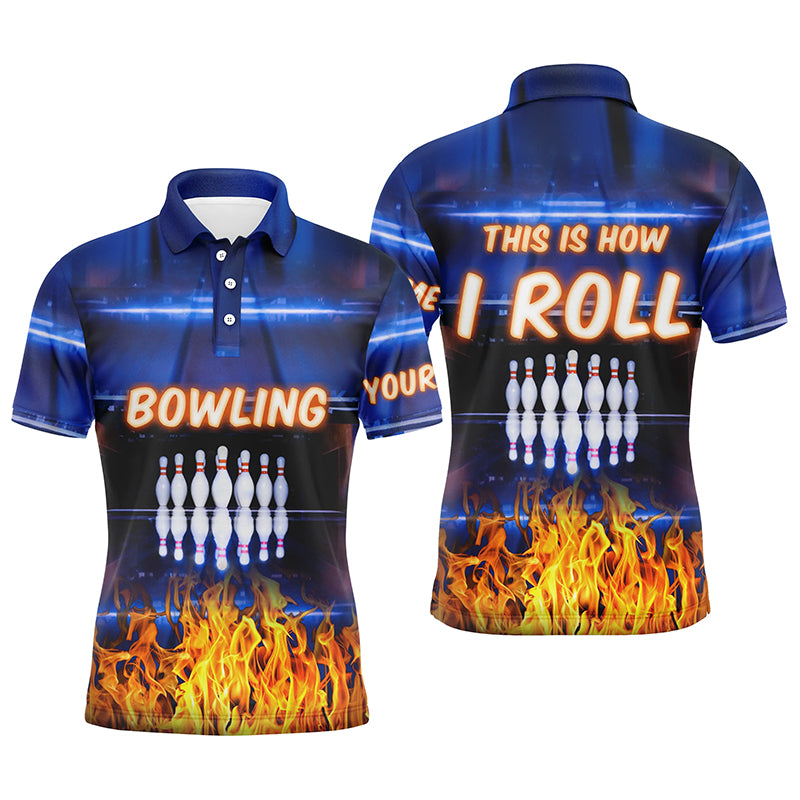 Custom blue bowling shirt for men – personalized team jersey front view
