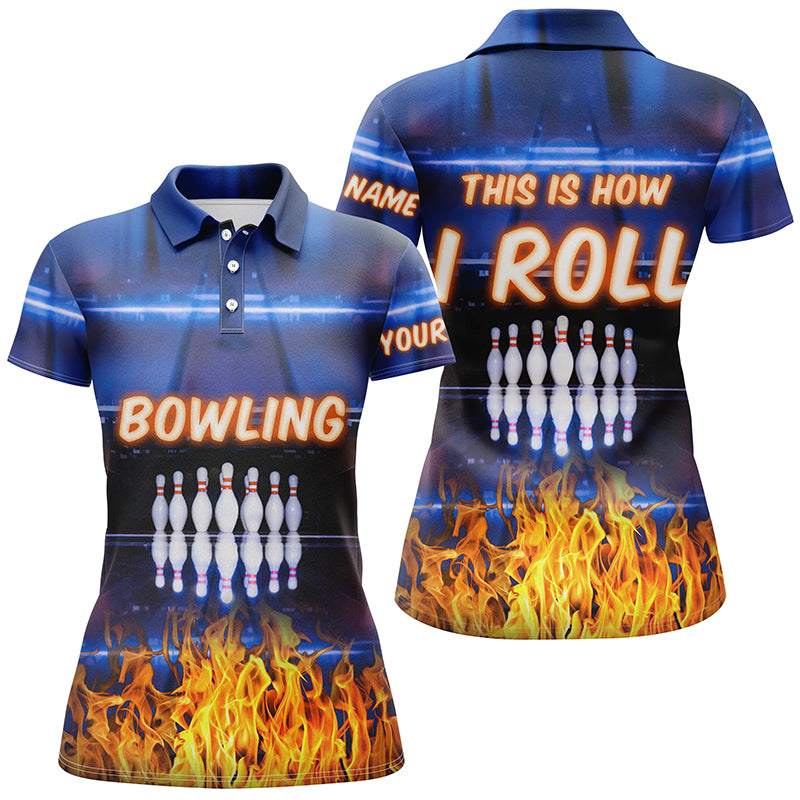 Custom blue bowling shirt for women – personalized team jersey front view