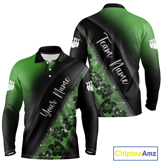 Black and Green Glitter Flower Bowling Polo, Quarter Zip Shirt for Men Custom Bowling Team Jerseys NQS10384