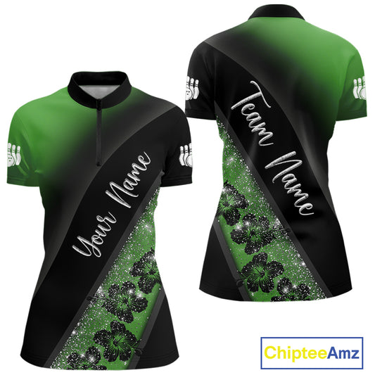 Black and Green Glitter Flower Bowling Polo, Quarter Zip Shirt for Women Custom Bowling Team Jerseys NQS10384