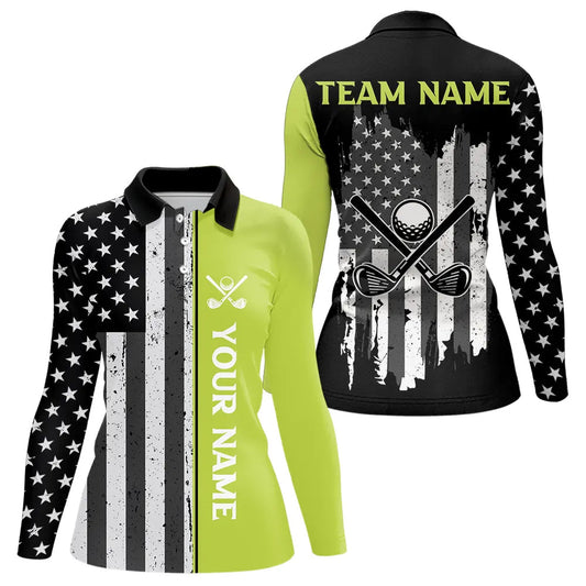 Black White Retro American Flag Golf Polo Shirt for Women Custom Patriotic Golf Team Shirt | Green NQS9637