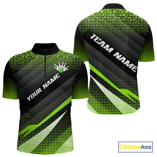 Green Bowling Custom Men Bowling Polo, Quarter zip Shirts Bowling Team Jerseys Bowling Tournament NQS10604