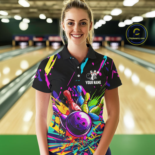 Colorful bowling jerseys Bowling Polo, 1/4 Zip Shirt for Women Custom Bowling Team shirts for bowlers NQS7597