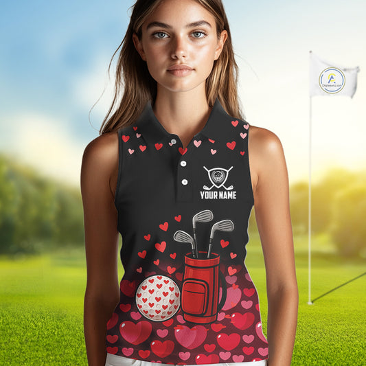 Black and Red Heart Pattern Valentine Sleeveless Golf Polo Shirt Custom Valentine Golf Gifts For her NQS11229