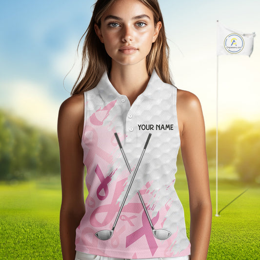 Breast cancer Women Sleeveless polos custom Pink ribbon pattern golf clubs team golf tops for ladies NQS10423