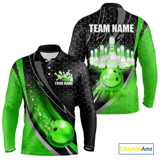 Black and Green Bowling Camo Polo, 1/4 Zip Shirt for Men Custom Team Bowling jerseys, Bowler Outfit NQS10425