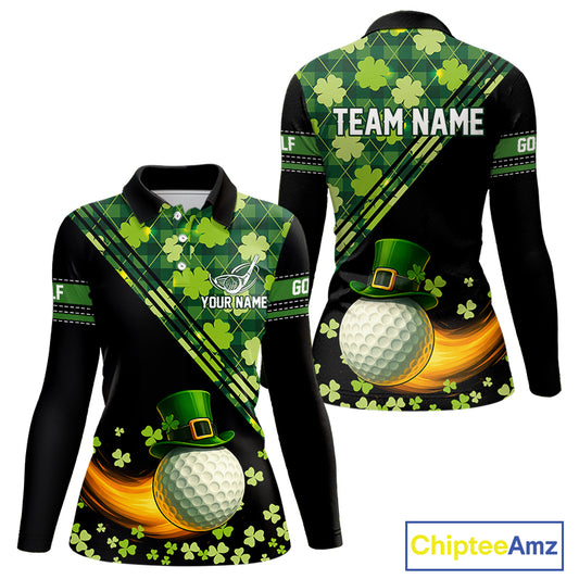Black and Green shamrock argyle pattern Golf Polo Shirts For Women Custom St Patrick ladies golf top NQS11238