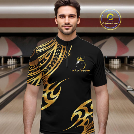 Black and Gold tribal pattern Bowling Polo, Quarter Zip Shirts For Men Custom Bowling Team Jerseys NQS11732