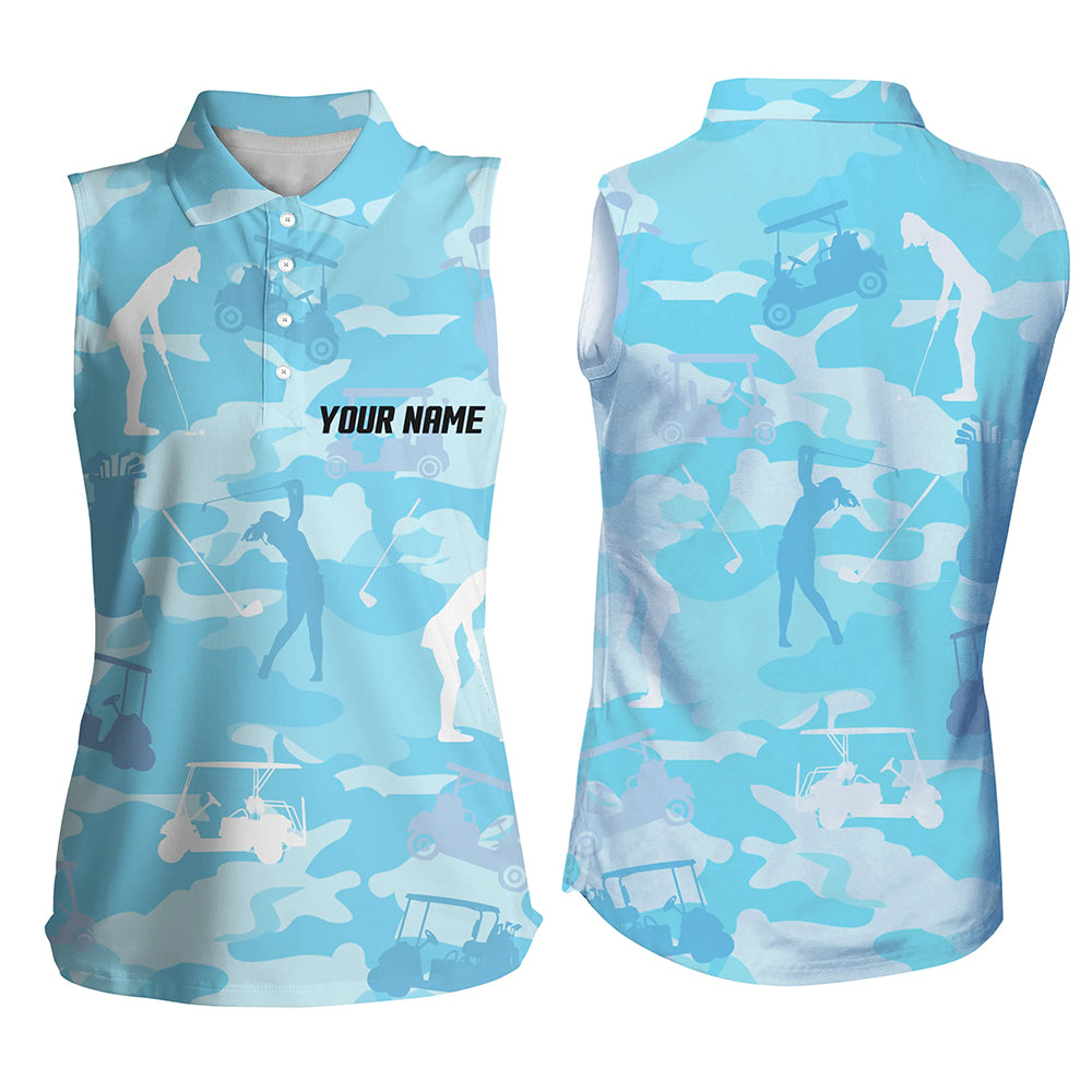 Blue camo Womens sleeveless polo shirt custom name blue golf shirts for women, golfing gifts NQS5926