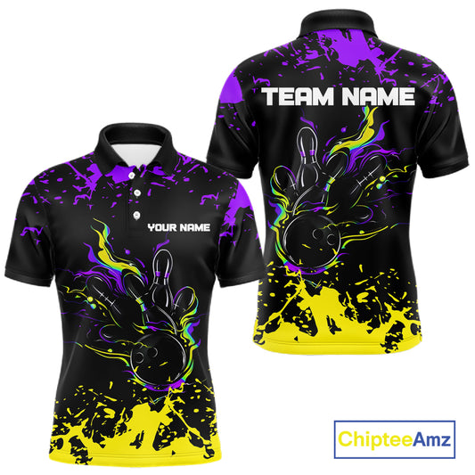Personalized Black, Purple & Yellow Bowling Shirts For Men, Bowling Balls And Pins Bowling Team Shirt NQS11466