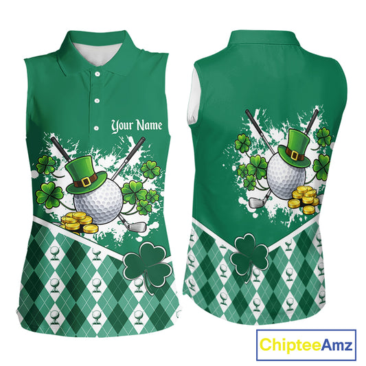 Green argyle pattern St Patrick Sleeveless Golf Polo Golf shirt for Women Custom gifts for the golfer NQS11476