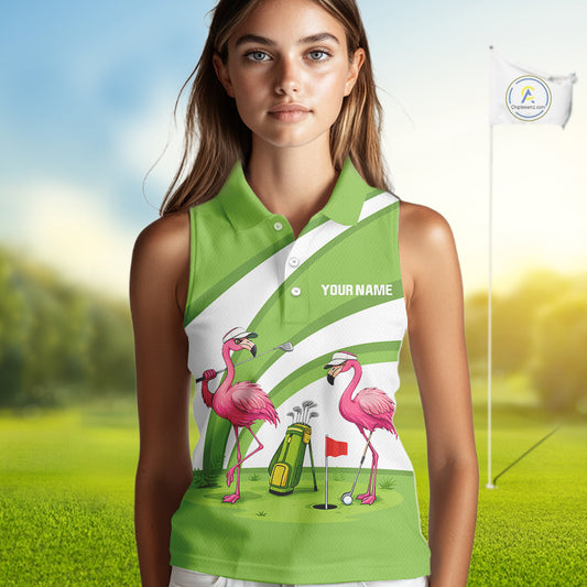 Funny Pink Flamingo Sleeveless Golf Polo Shirts for Women Custom Green and White ladies golf attire NQS11747
