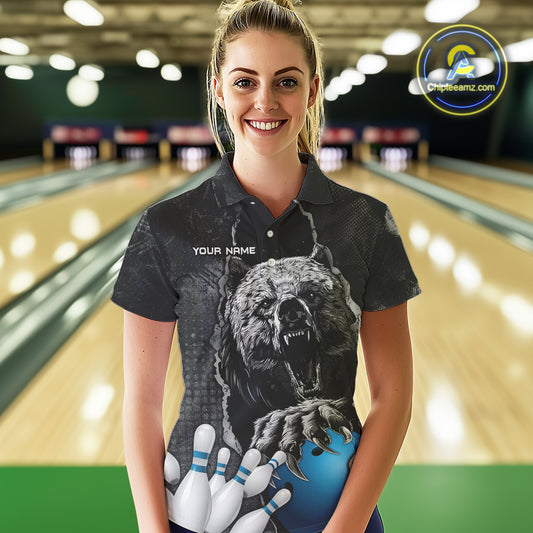 Blue and Black Bear grunge Custom Women Bowling Polo, Quarter Zip Shirts Bowling Team Jerseys Outfits NQS10166