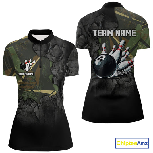 Green Camo Black Bowling Polo, Quarter Zip Shirts for Women Custom Team Bowling Jersey NQS10929