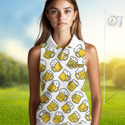 Funny Yellow beer pattern Women Sleeveless Polo shirt custom fun golf shirts, cool golf gifts NQS10301