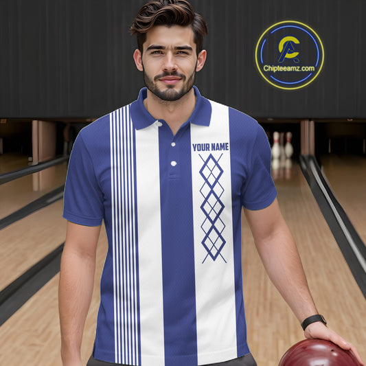 Blue and White Argyle Flame bowling Men Polo, 1/4 Quarter Zip Shirts Custom bowling team jerseys NQS11312