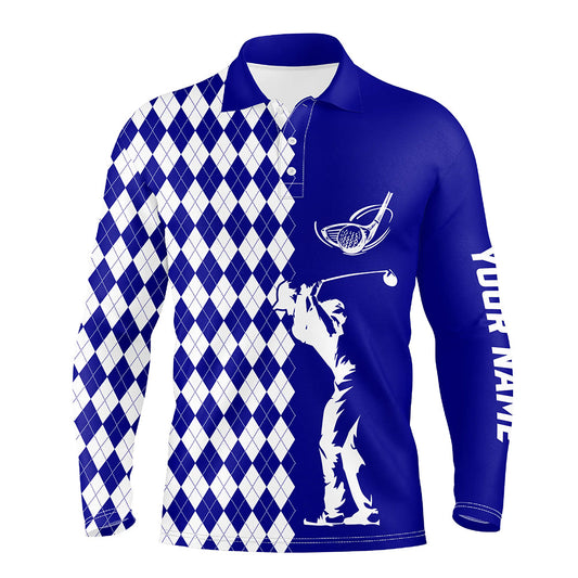 Personalized white argyle plaid pattern Mens golf polo shirts, custom Blue golf tops for mens NQS7907