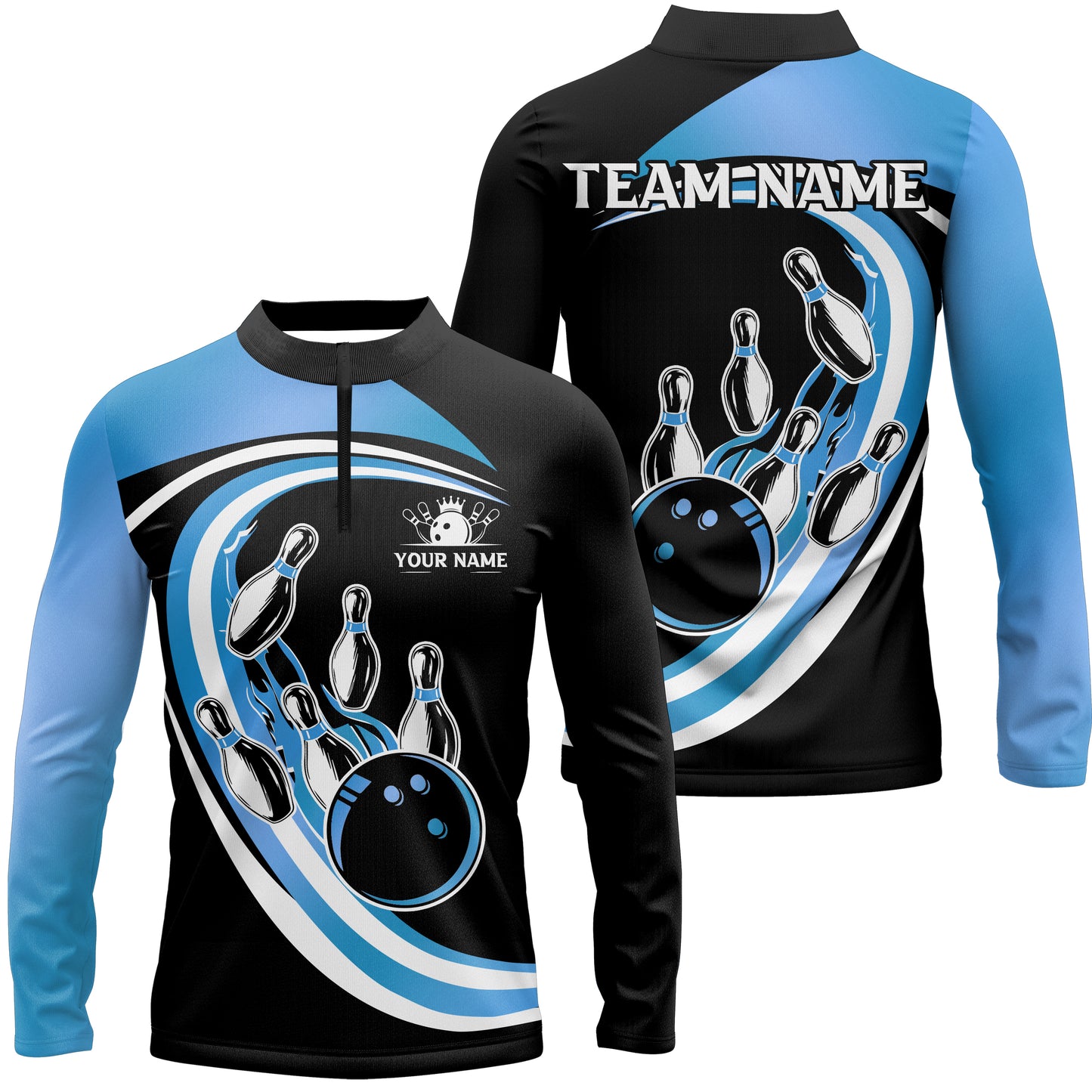 Black and Blue Bowling Polo, 1/4 Zip Shirts For Men Custom Bowling Team League Jersey, Gift For Bowler NQS9042