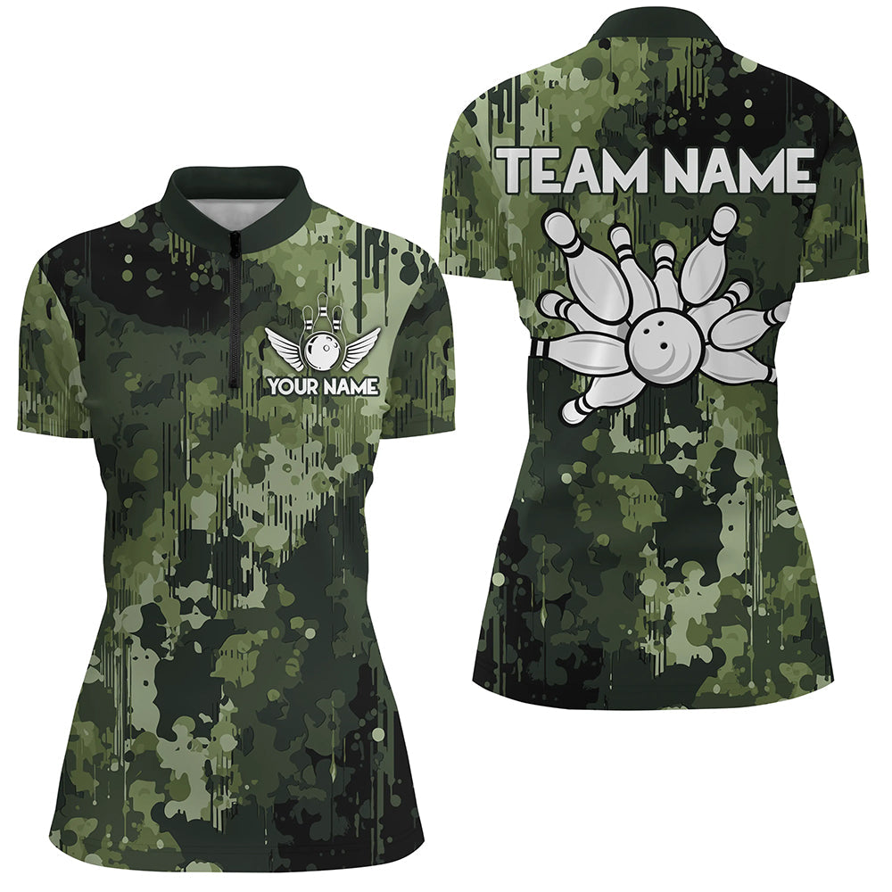 Green Camo Bowling Polo, Quarter Zip Shirts For Women Custom Bowling Team Jerseys, Gift For Bowlers NQS9058