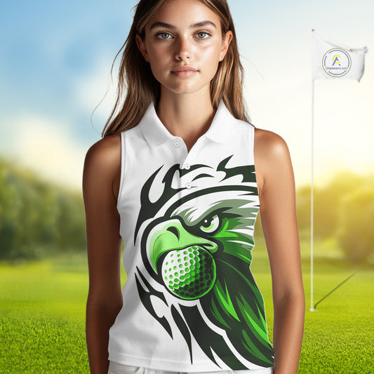 Women sleeveless polo shirt custom Green Eagle golf ball white golf tops, team golf attire for ladies NQS10554