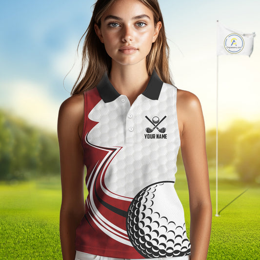 Red & white golf ball sleeveless golf polo shirts custom name golf gifts for Women NQS10215