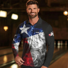 Load image into Gallery viewer, Smoke Texas Flag Black Bowling Polo, Quarter Zip shirt for men Custom patriotic Team bowling jersey NQS9631