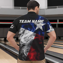 Load image into Gallery viewer, Smoke Texas Flag Black Bowling Polo, Quarter Zip shirt for men Custom patriotic Team bowling jersey NQS9631
