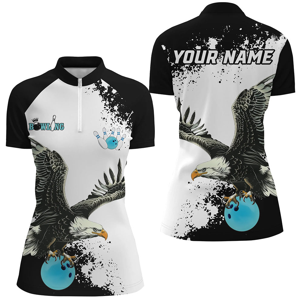 Black and white Women bowling Quarter Zip shirt Custom Eagle Team bowling shirt, gift for bowler| Blue NQS7404