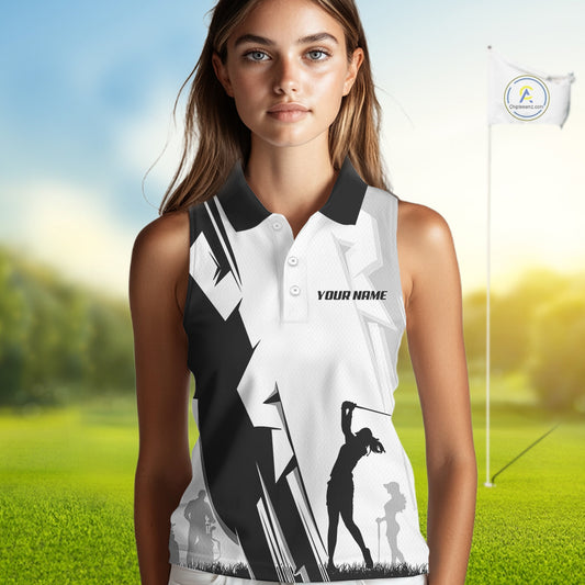 Women Sleeveless golf polo shirts custom white and black golf tops for ladies, best golf gifts NQS10061