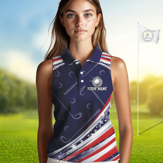 American Flag Camo Sleeveless Polo Golf Shirt Custom patriotic ladies golf shirt, golfer gifts | Navy NQS11181