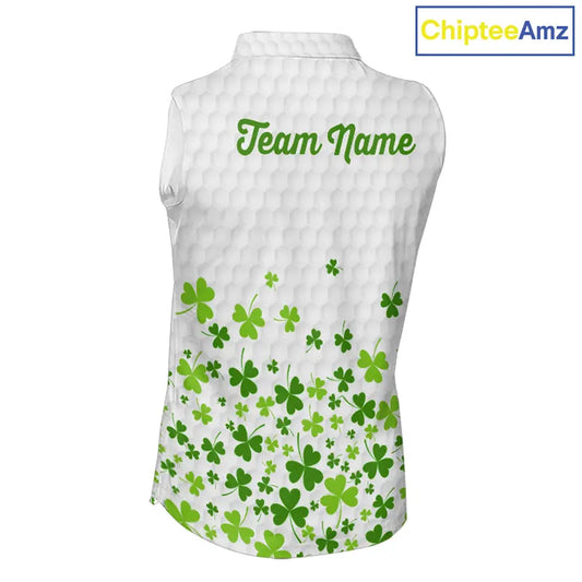 Custom Green shamrock pattern White Sleeveless Golf Polo shirt, St Patrick's day ladies golf shirts NQS11610